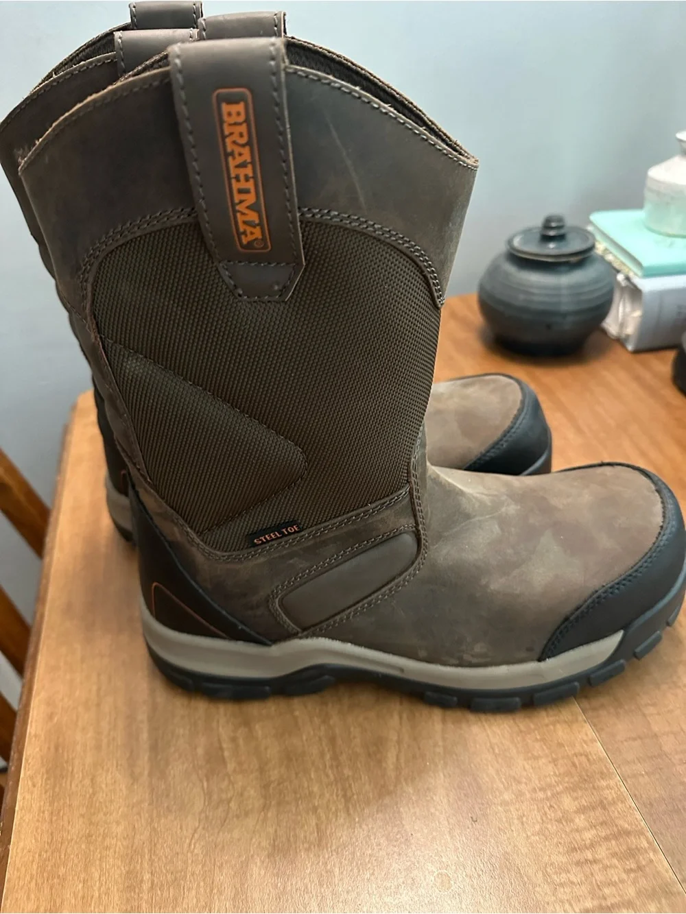 Brahma Men's Dark Brown Steel Toe Work Boots with Black Accents